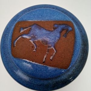 Blue Drip Glaze Pottery Bowl/Dish With Horse Design On Lid, Signed With Arrow